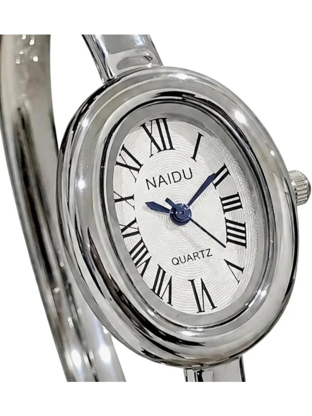 Women's Silver Bangle Bracelet Oval Dial Roman Numeral Elegant Style Wrist Watch